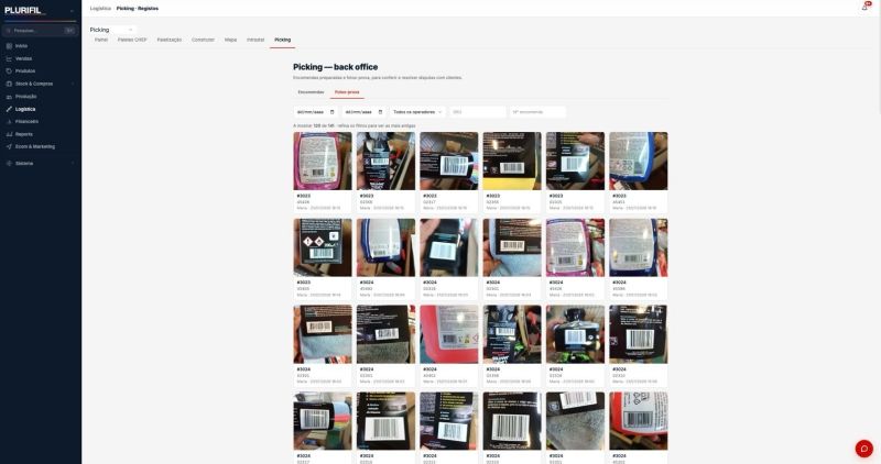 Ecrã de picking do back-office da Plurifil, com artigos confirmados por código de barras